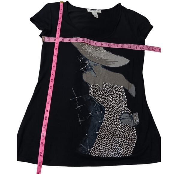 WHBM Beaded Top Shirt Size Small Stretchy Shiny Bling Art to Wear Black Silver - Picture 4 of 8